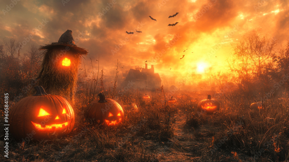 A carved pumpkin glowing in the darkness among fallen leaves surrounded by small pumpkins during a misty autumn evening A carved pumpkin glowing in the darkness among fallen leaves surrounded by small pumpkins during a misty autumn evening