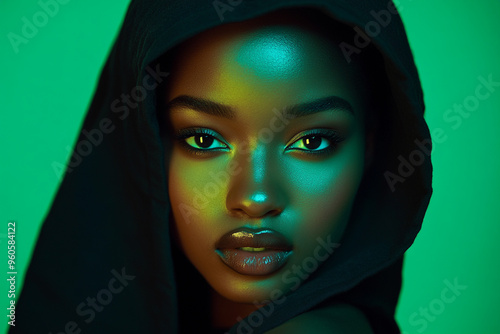 Trendsetting Woman in Charcoal Hood with Solid Neon Green Background Fashion Portrait