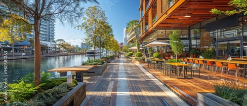 Vibrant Urban Riverfront with Pedestrian Walkways and Cozy Cafes