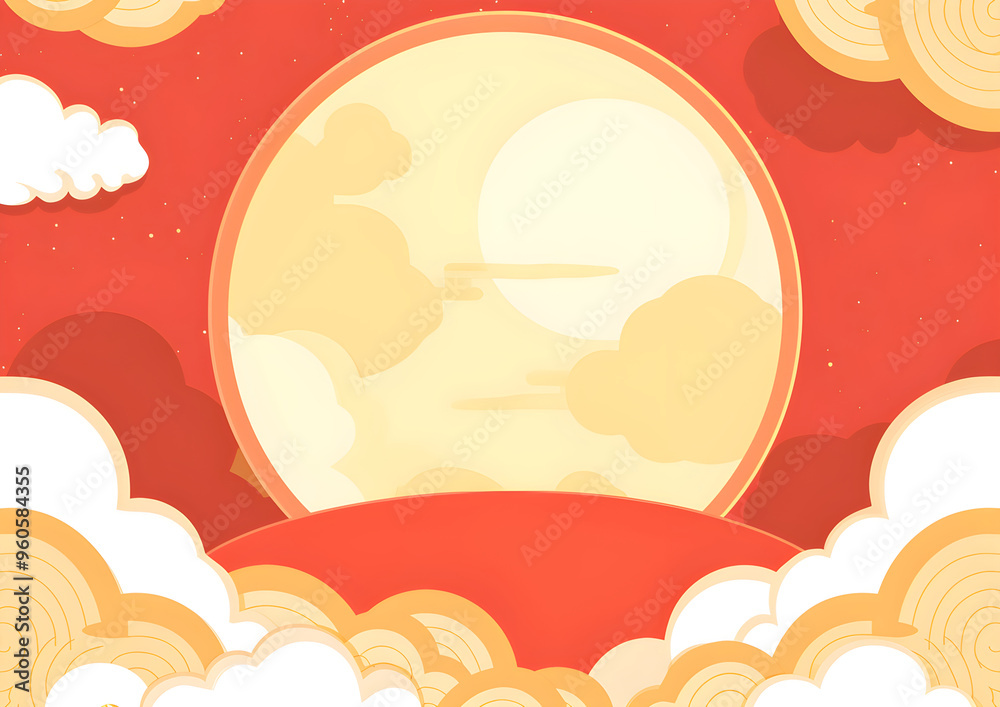 Mid Autumn Festival banner with copy space. Flat cartoon frame with full moon, chinese lanterns, clouds on red background. Chinese New Year. Traditional Asian national holidays. Oriental Moon Festival Mid Autumn Festival banner with copy space. Flat cartoon frame with full moon, chinese lanterns, clouds on red background. Chinese New Year. Traditional Asian national holidays. Oriental Moon Festival