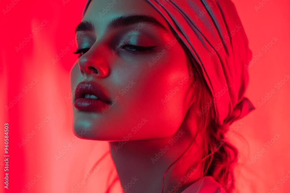Bold Woman in Light Gray Bandana with Solid Neon Coral Background Fashionable Portrait Bold Woman in Light Gray Bandana with Solid Neon Coral Background Fashionable Portrait