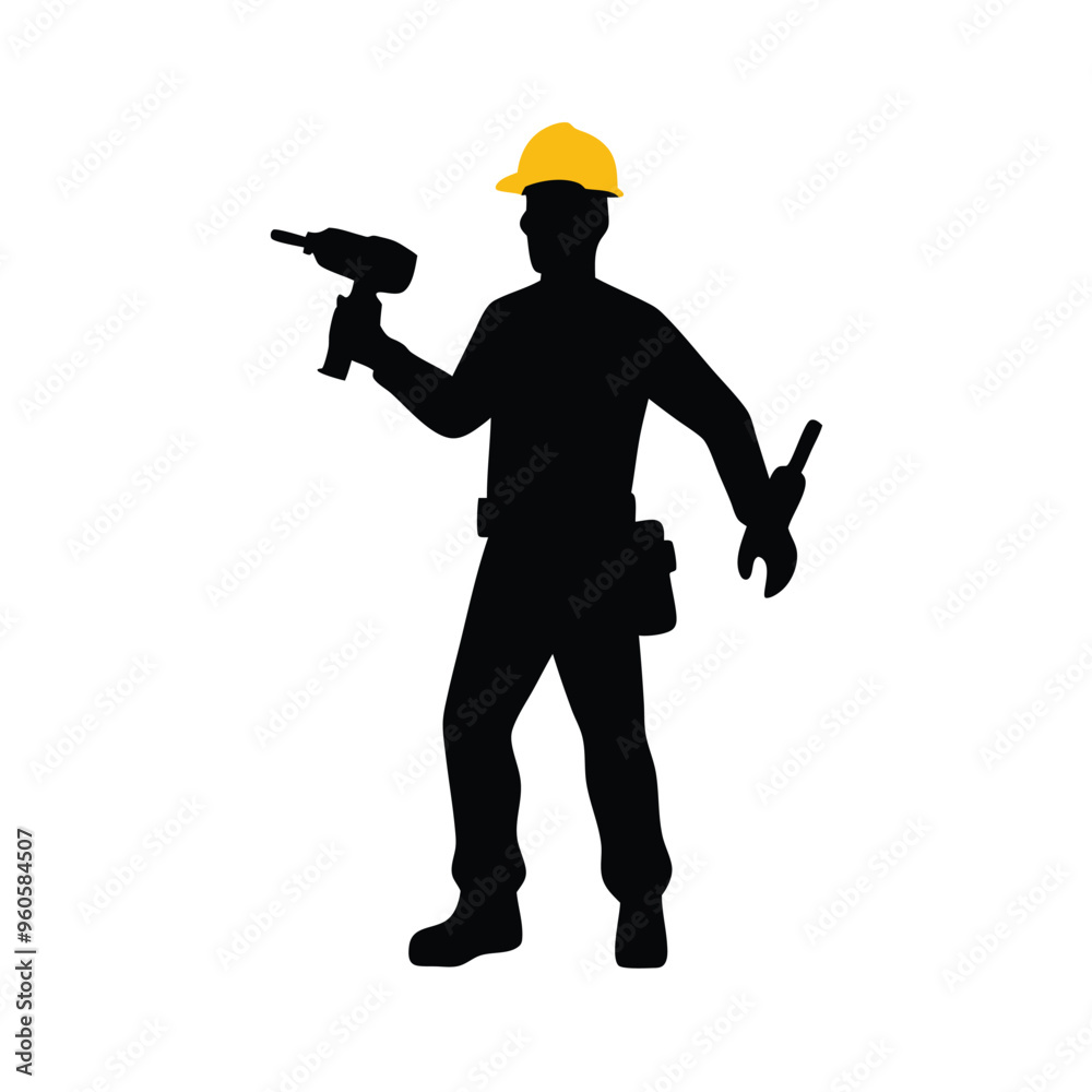 a man in construction worker costume carrying drill power tool. vector illustration silhouette, a man in construction worker costume carrying drill power tool. vector illustration silhouette,