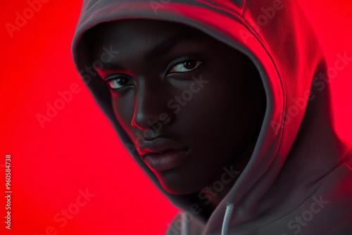 Stylish Men in Light Gray Hoodie with Solid Neon Red Background Modern Portrait