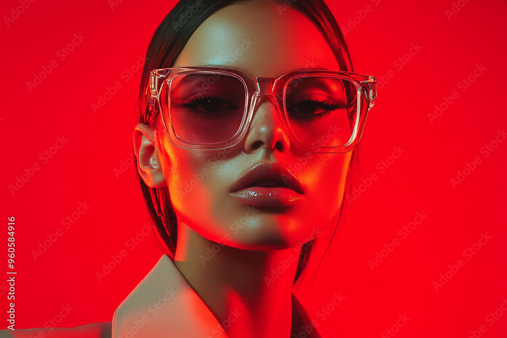Fashionable Woman in Light Gray Eyewear with Solid Neon Red Background Modern Portrait Fashionable Woman in Light Gray Eyewear with Solid Neon Red Background Modern Portrait