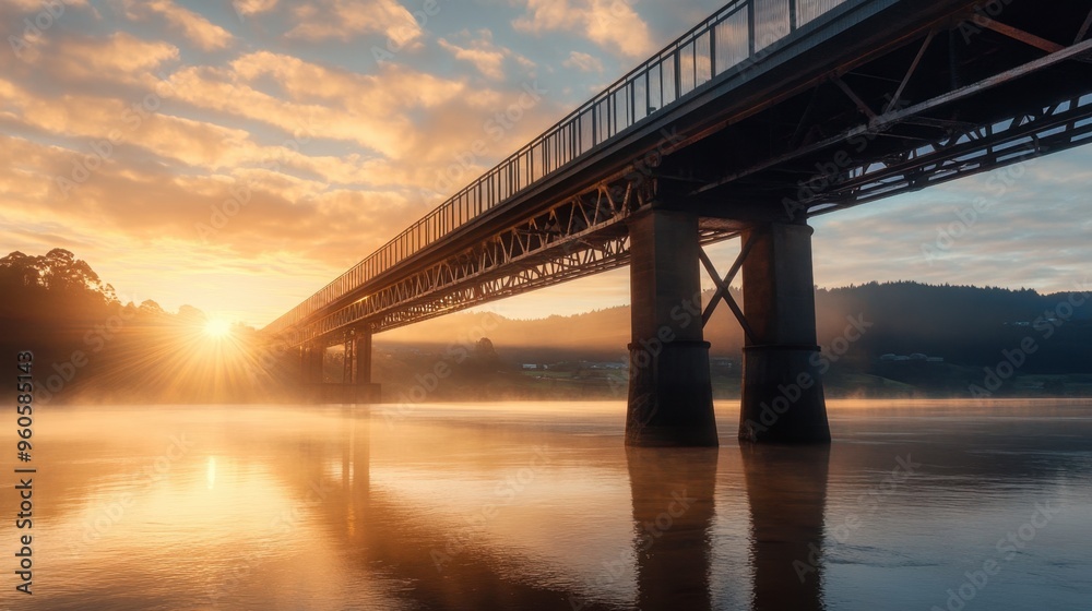 Fototapeta premium A bridge at sunrise, with the first light of day casting warm hues across the water and the bridge structure.