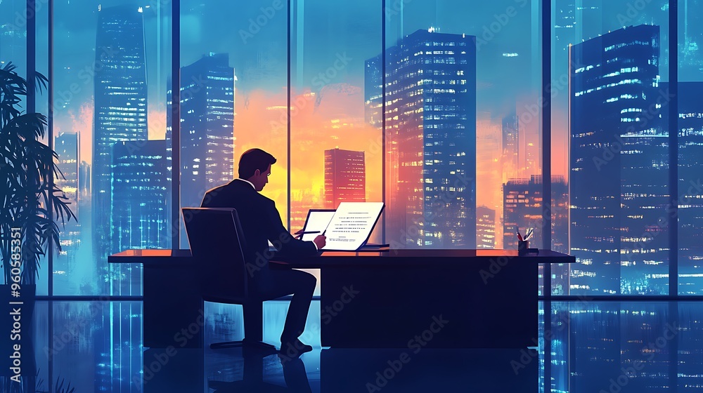 Businessman Working at Desk with City View Businessman Working at Desk with City View