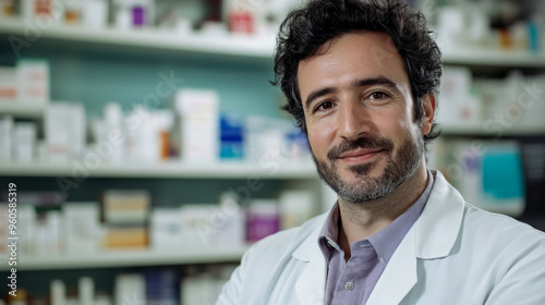 Friendly pharmacist assisting customers in a busy pharmacy filled with health products during the day