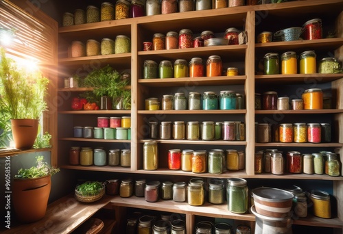 vibrant pantry shelves brimming colorful canned goods organized containers bright cheerful display, storage, decor, design, kitchen, accessories, labels