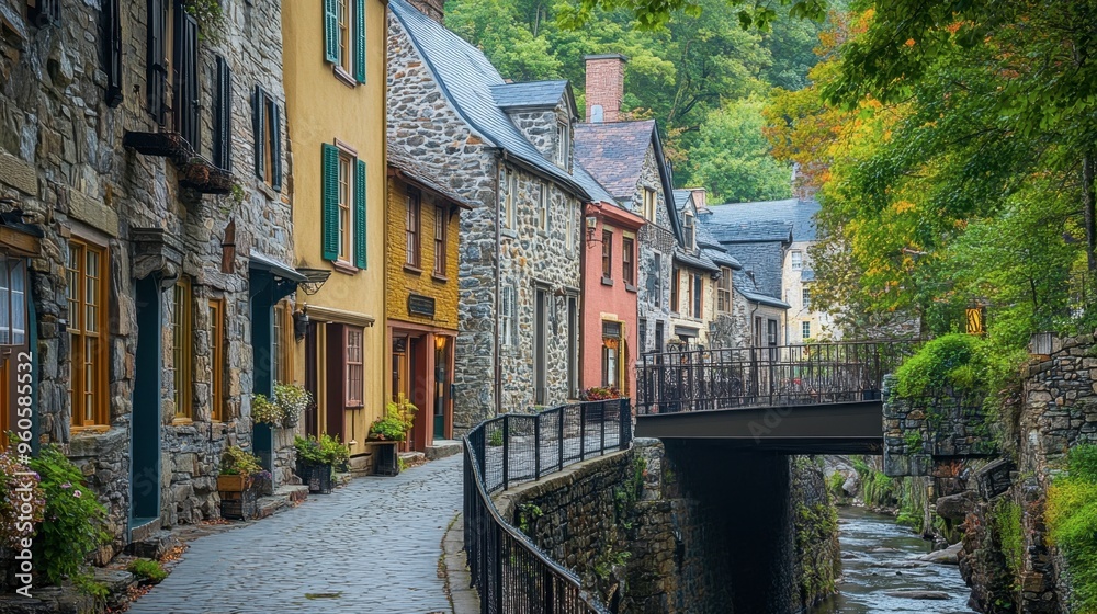 A bridge in a historic district, with old stone buildings, narrow streets, and a river flowing peacefully underneath.