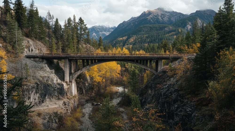 A bridge in a remote wilderness area, with towering trees and mountains surrounding it. A bridge in a remote wilderness area, with towering trees and mountains surrounding it.