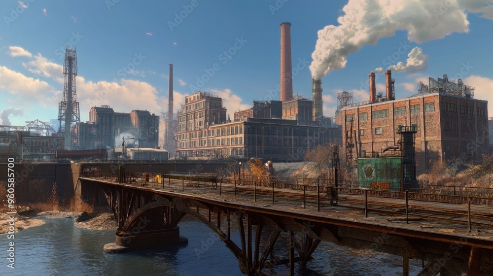 Fototapeta premium A bridge in an industrial area, with factories, warehouses, and smokestacks visible in the background.