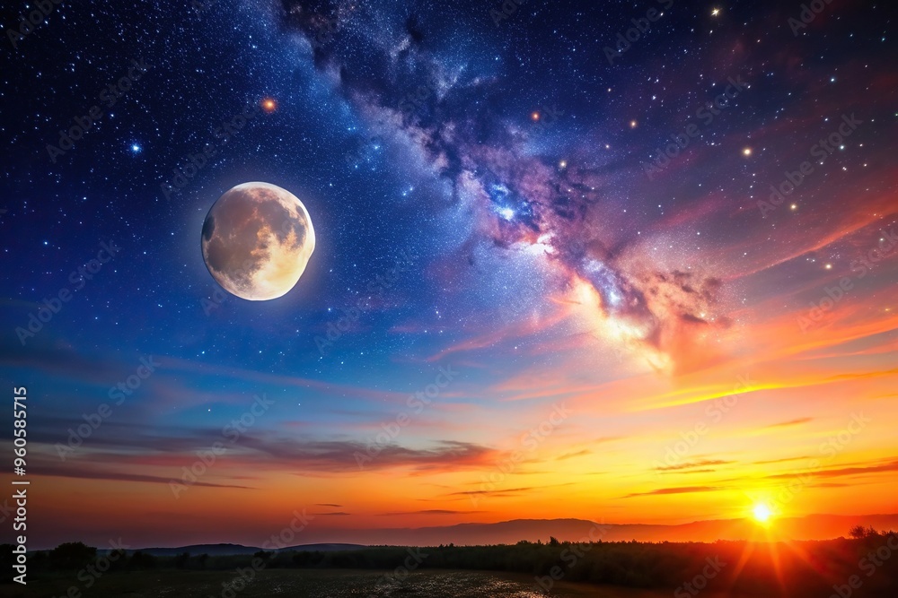 beautiful, view, clear sky, tranquil, Sunset on a clear sky with a breathtaking view of the moon and stars framing the scene creating a truly mesmerizing and magical ambiance beautiful, view, clear sky, tranquil, Sunset on a clear sky with a breathtaking view of the moon and stars framing the scene creating a truly mesmerizing and magical ambiance