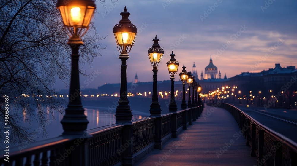 Obraz premium A bridge lined with old-fashioned street lamps, casting a warm glow as evening sets in.