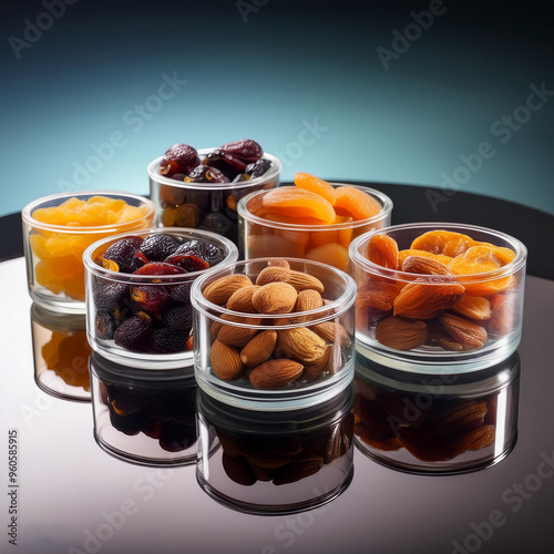 a group of containers with different fruits on a table.