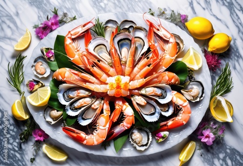 vibrant seafood platter displayed decorative marble surface featuring fresh colorful garnishes, shrimp, oysters, crab, lobster, clams, fish, shellfish, meal photo