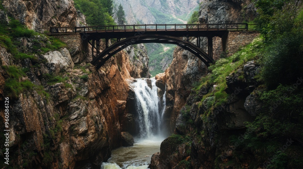 A bridge spanning a deep gorge, with a waterfall cascading down one side into the river below. A bridge spanning a deep gorge, with a waterfall cascading down one side into the river below.