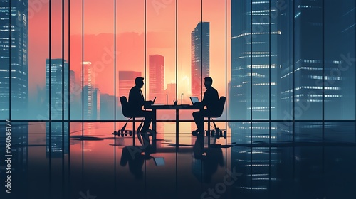 Businessmen Meeting in High Rise Office with City Skyline View