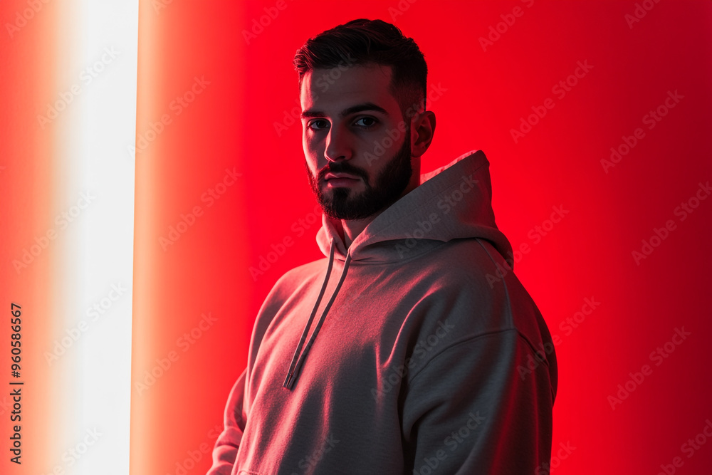 Trendsetting Men in Light Gray Hoodie with Solid Neon Red Background Fashionable Portrait Trendsetting Men in Light Gray Hoodie with Solid Neon Red Background Fashionable Portrait
