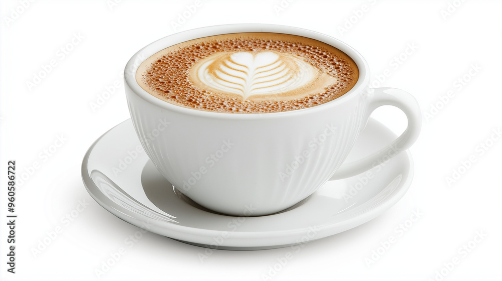 Fototapeta premium A cup of cappuccino set in a white plate against white background.