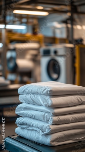 Close-up of clean sheets prepared for delivery to an industrial laundry. Clean sheets stacked in a factory setting.