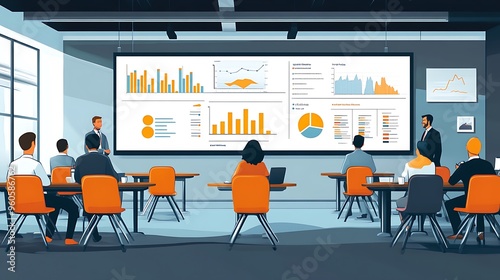 Business Meeting Presentation with Charts and Graphs on Screen