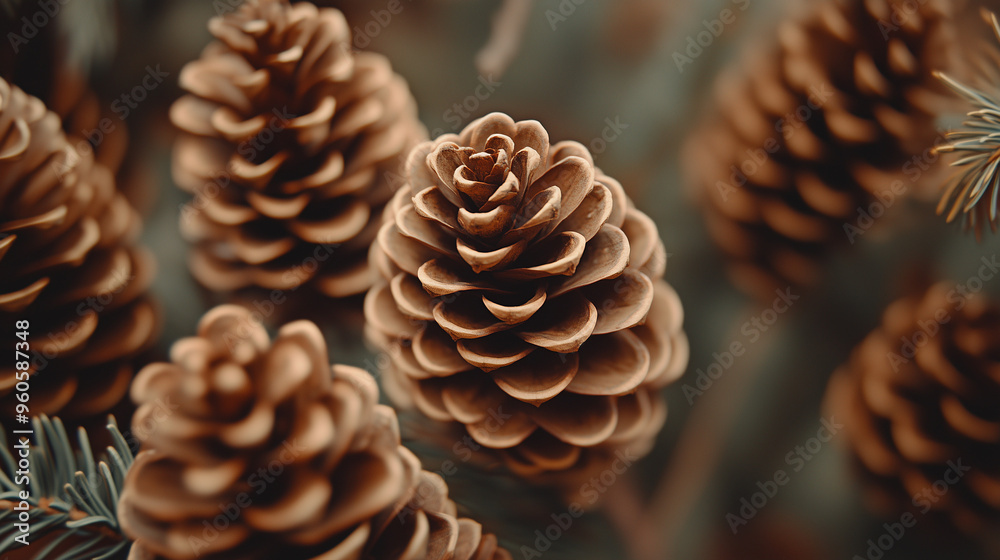 Several close-up fir cones cascade in slow motion against a blurred backdrop. Several close-up fir cones cascade in slow motion against a blurred backdrop.