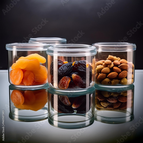 a group of containers with different fruits on a table.