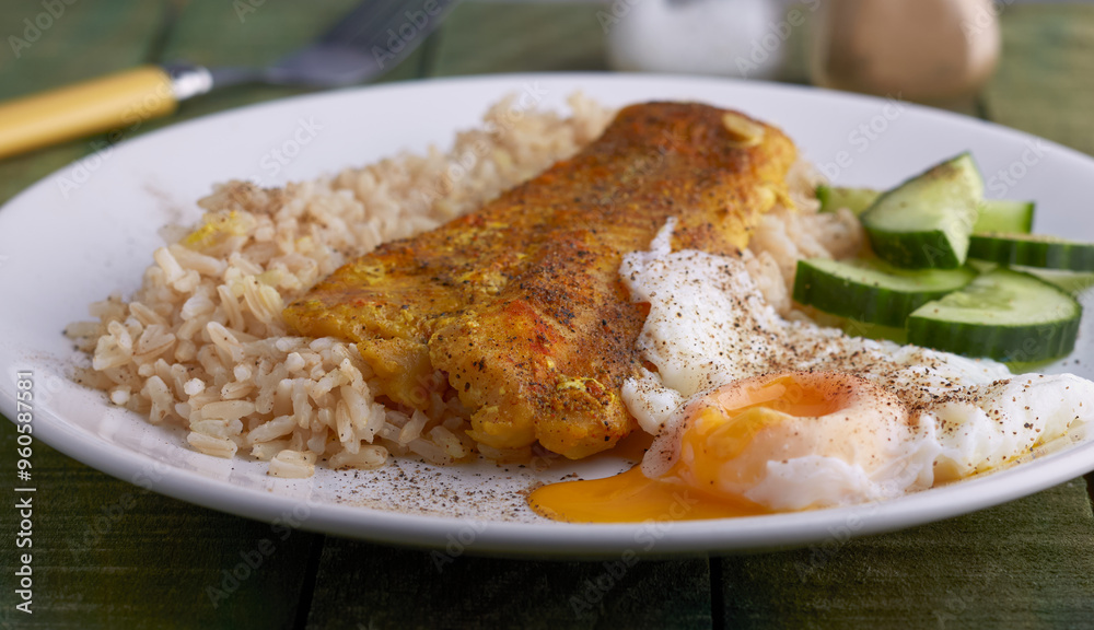 Fish with brown rice and a poached egg.