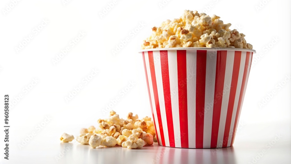 Paper striped bucket filled with freshly popped popcorn standing isolated on a white background, popcorn container, striped paper, snack container, crispy, snack, cinema Paper striped bucket filled with freshly popped popcorn standing isolated on a white background, popcorn container, striped paper, snack container, crispy, snack, cinema