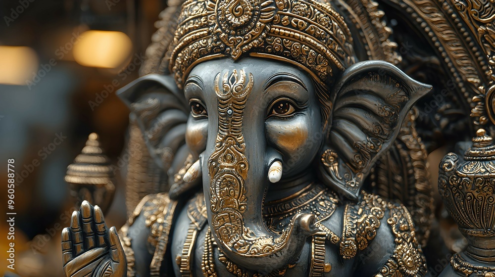 Fototapeta premium Close Up Ganesha Hindu God Statue Golden Details