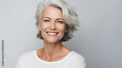 Smiling beautiful mature business woman standing isolated on white background. Neural network ai generated art