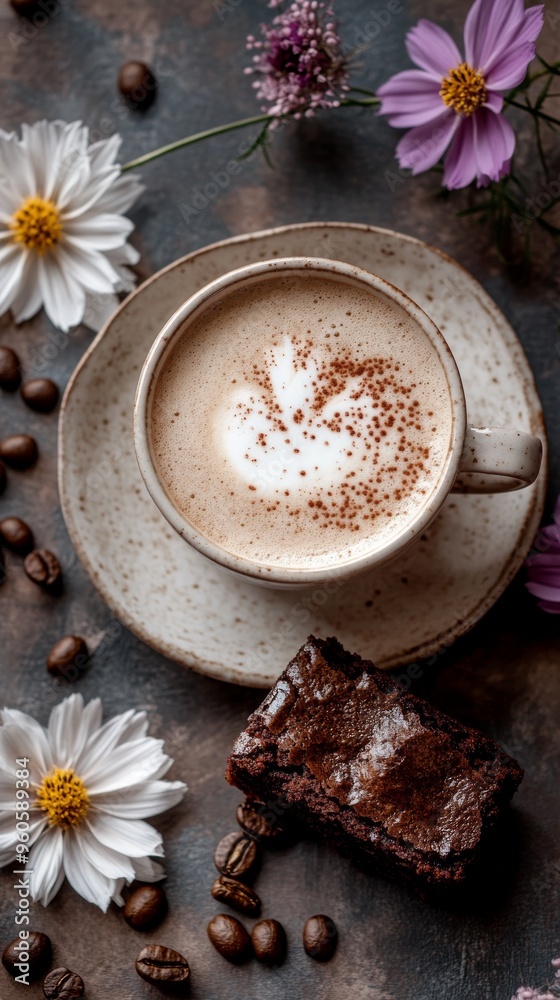 A cup of cappuccino with brownie surrounded by flowers and coffee beans. Cup of coffee in a beautiful visual composition with flowers. A cup of cappuccino with brownie surrounded by flowers and coffee beans. Cup of coffee in a beautiful visual composition with flowers.