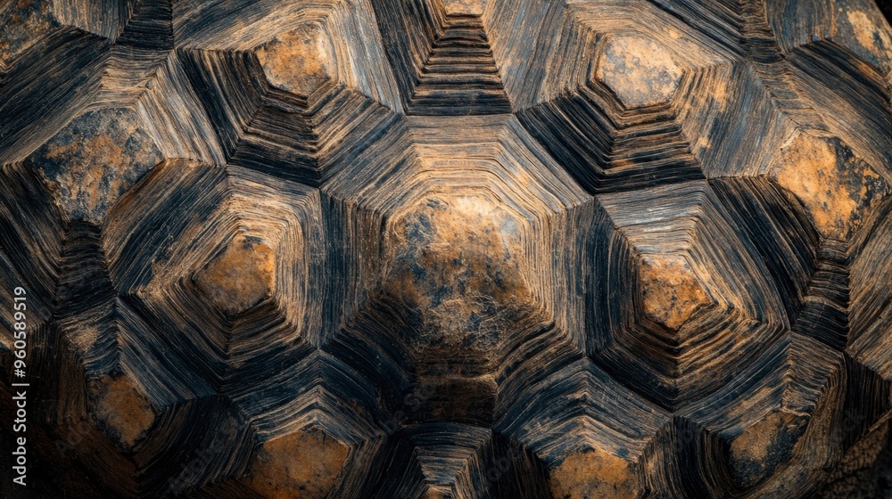 A close-up of a tortoise shell, focusing on the unique geometric patterns and weathered textures. A close-up of a tortoise shell, focusing on the unique geometric patterns and weathered textures.