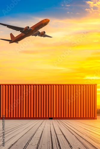 Airport cargo container on runway, airplane and golden sun setting, global logistics network, trade and transportation theme, rich sunset hues, high-detail scene photo