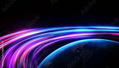 Bright streaks of light encircling a digital earth side view illustrating the rapid exchange of global information futuristic tone triadic color scheme