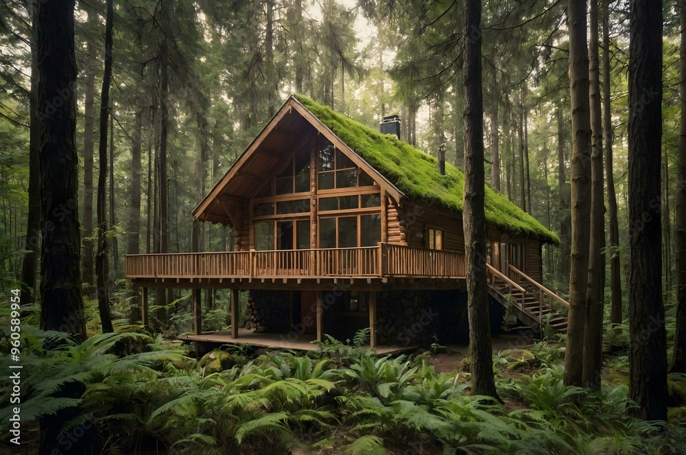 A cozy modern wooden house eco efficient in a dense forest, featuring large windows, a green roof, and a multi-level design. Surrounded by trees and ferns, nature modern and rustic wood home A cozy modern wooden house eco efficient in a dense forest, featuring large windows, a green roof, and a multi-level design. Surrounded by trees and ferns, nature modern and rustic wood home