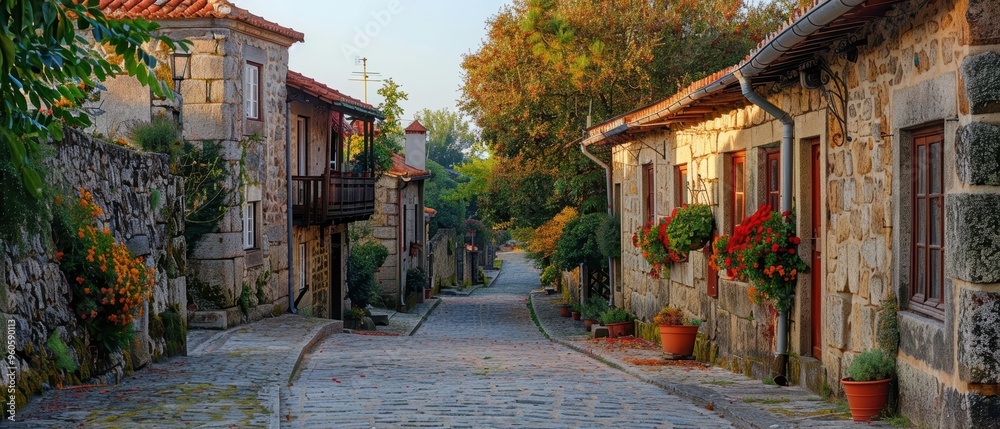 Obraz premium Picturesque Traditional Village Scene with Cobblestone Streets and Quaint Old Houses