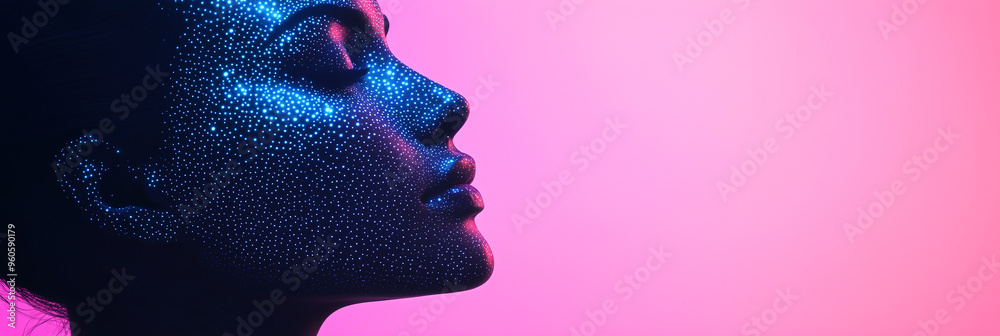 Digital portrait of a beautiful woman with glowing dots on her face, in profile view, against a pink and blue gradient background Digital portrait of a beautiful woman with glowing dots on her face, in profile view, against a pink and blue gradient background