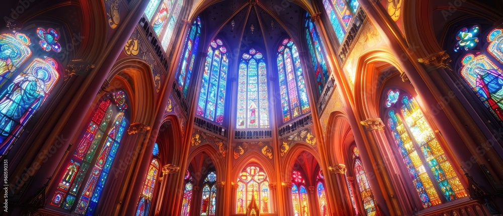 Fototapeta premium Majestic Historic Cathedral Featuring Vibrant Stained Glass Windows