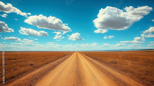 A dirt road cutting through a wide, open plain, with the endless sky above and a few scattered clouds in the distance.