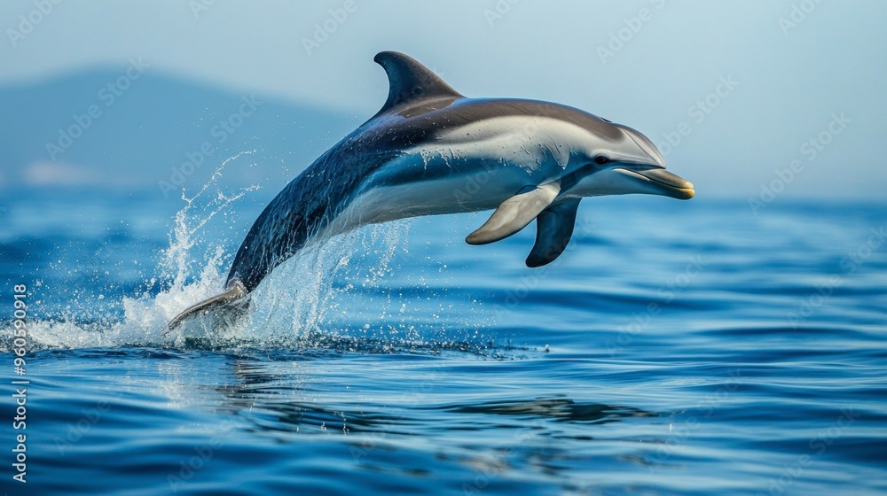 A dolphin breaching the surface of the water, with droplets flying through the air and the ocean calm and clear. A dolphin breaching the surface of the water, with droplets flying through the air and the ocean calm and clear.