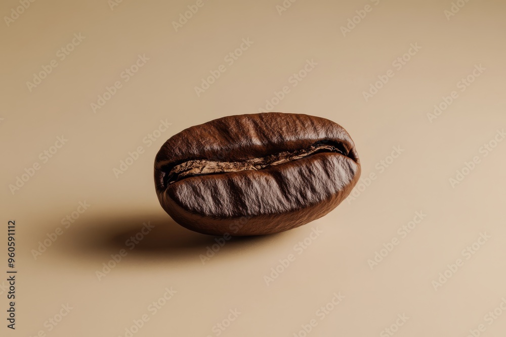 a highly detailed photograph of a single, perfect coffee bean on a warm beige background, the bean's texture and ridges visible