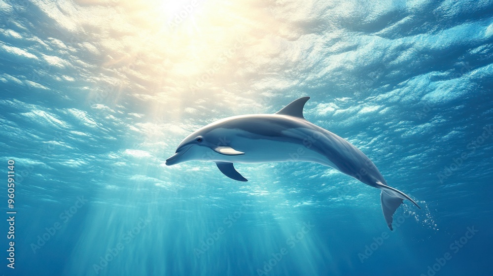 Obraz premium A dolphin gracefully gliding through the water, with sunlight illuminating its sleek body and the ocean depths below.
