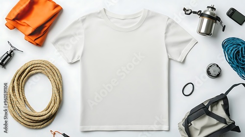 White T Shirt Mockup with Camping Gear on White Background photo