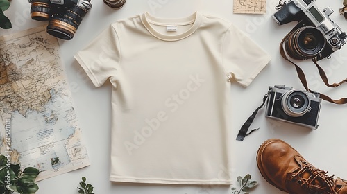 Cream T Shirt Mockup With Vintage Camera  Boots and Map