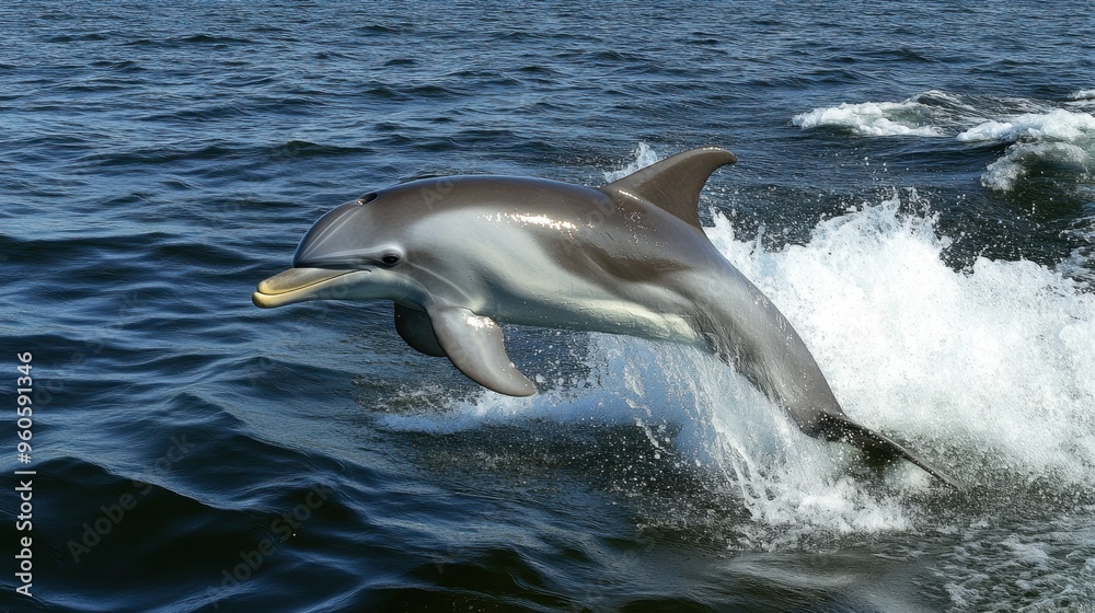 Obraz premium A dolphin jumping out of the water, creating a splash as it lands back in the ocean.