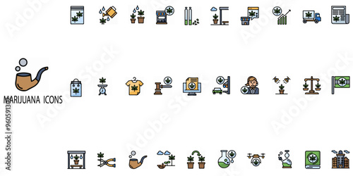 Marijuana concept 30 colour icons set.Contain such drugs, narcotics,treatment, PTSD, tablet, syringe, injection, cultivation etc .Vector illustration.