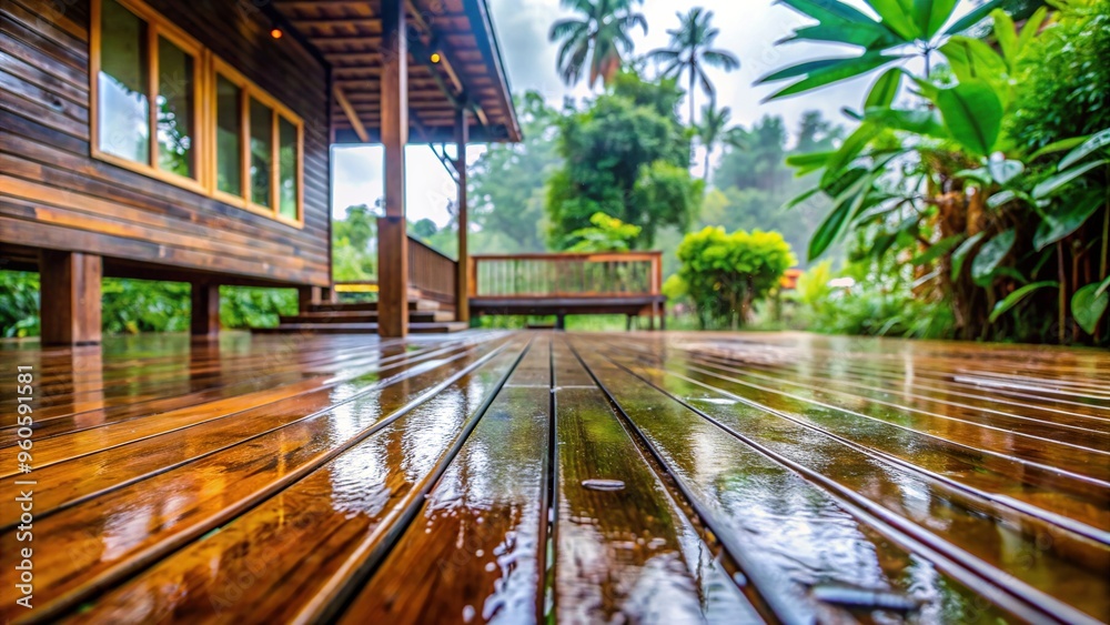 Wooden terrace outside the house during the rainy season captured from a worm s eye view, water., worm's eye view, relaxation,wooden, rainy season, house, outdoor, leisure, wooden planks Wooden terrace outside the house during the rainy season captured from a worm s eye view, water., worm's eye view, relaxation,wooden, rainy season, house, outdoor, leisure, wooden planks