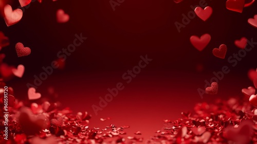 A vivid red romantic scene with scattered heart shapes floating in the air. This image creates a heartwarming and passionate ambiance perfect for Valentine's themes.