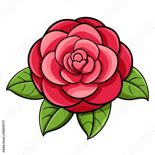 Vibrant Camellia Flower With Green Leaves Illustration - Vibrant illustration featuring beautiful camellia flower in full bloom surrounded by lush green leaves, showcasing nature's elegance and color.